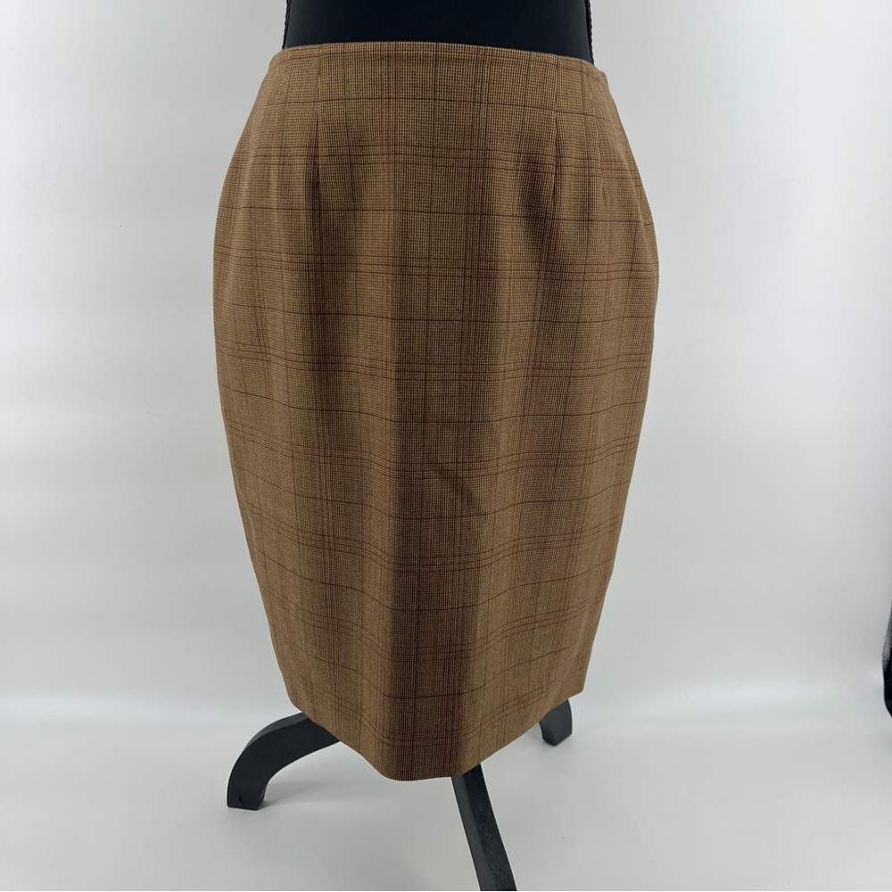 Vintage Ellen Tracy Petite Preppy School Girl Wool Brown Plaid Pencil Skirt - Picture 1 of 8